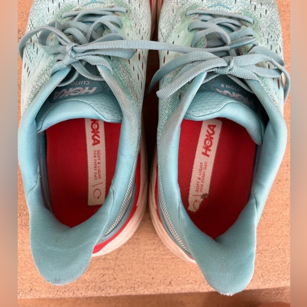 HOKA CLIFTON 8 Aqua Blue Orange Women’s 9.5 D Sneaker Running Shoe Comfy - Picture 5 of 11